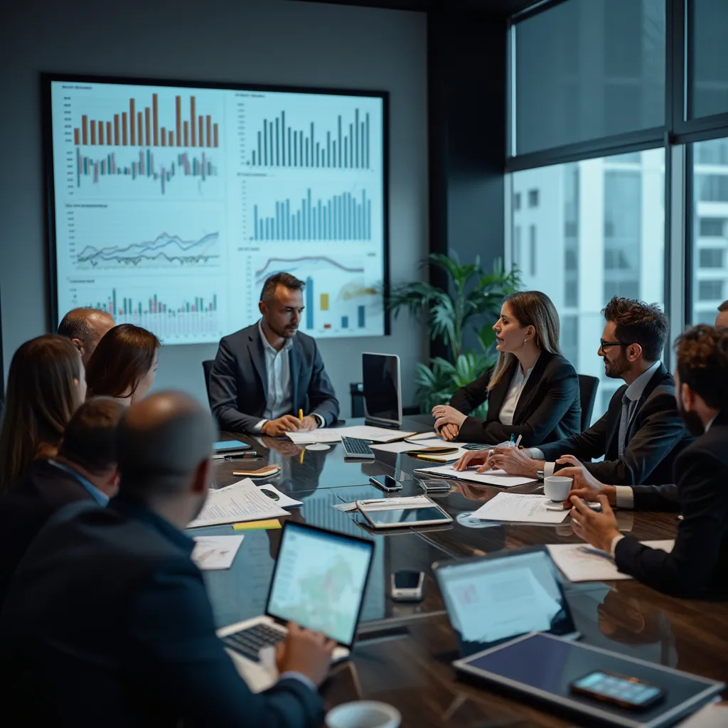 Equipo de consultores financieros en reunión estratégica